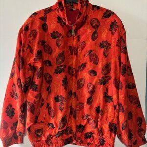 FUDA Jacket Womens L Orange Leaf Fall Bomber Zip Mock Neck 100% Silk Bright Bold